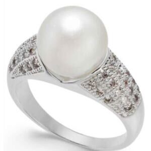 NEW Silver Plate Pave Cubic Zirconia Band w/ Oversized Pearl Size 10